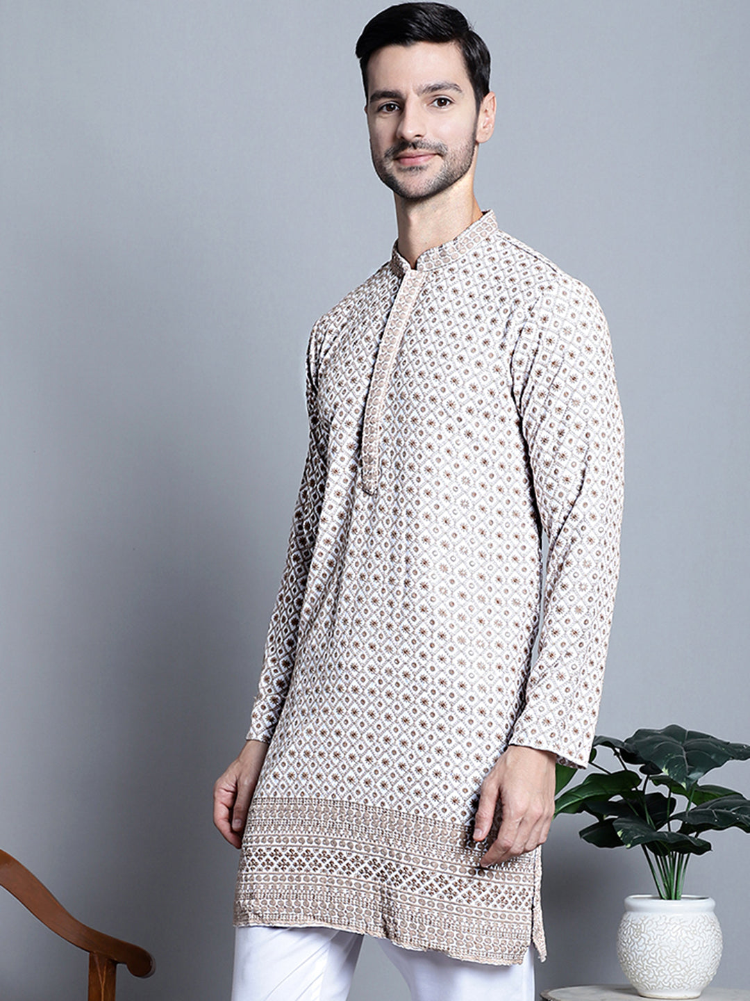 Jompers Men's Chikankari Embroidered Kurta Only - Beige