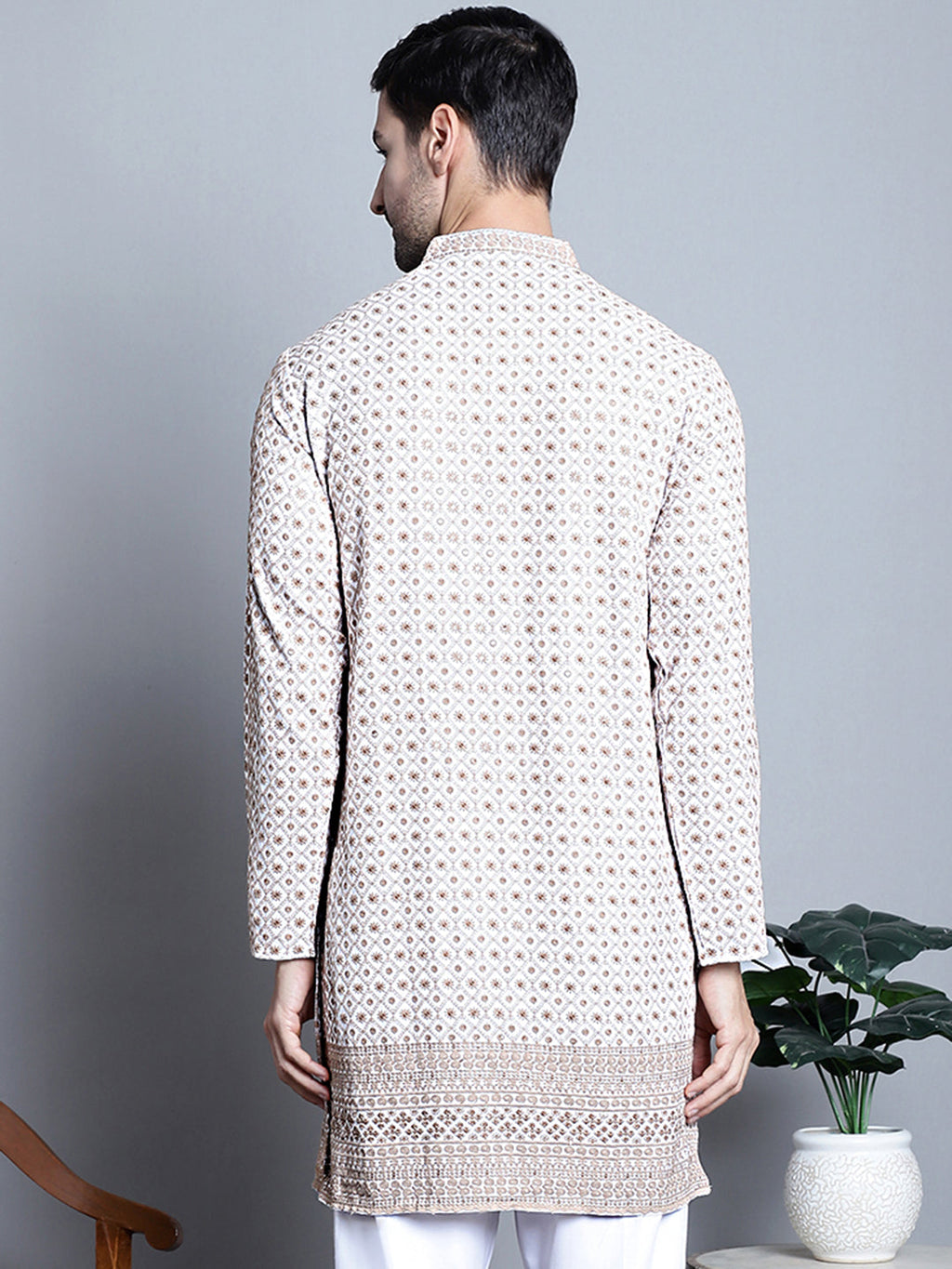 Jompers Men's Chikankari Embroidered Kurta Only - Beige