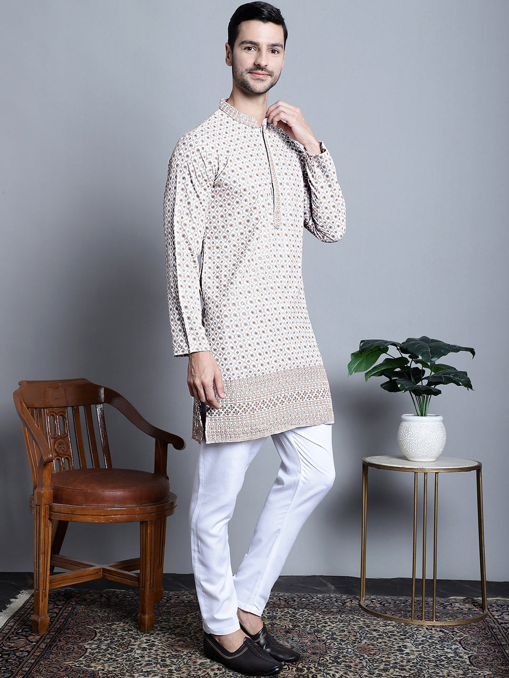 Jompers Men's Chikankari Embroidered Kurta Only - Beige