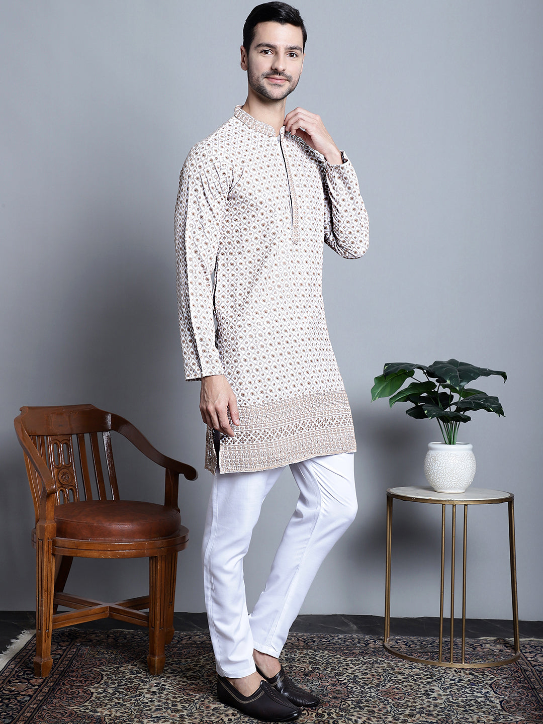 Jompers Men's Chikankari Embroidered Kurta Only - Beige
