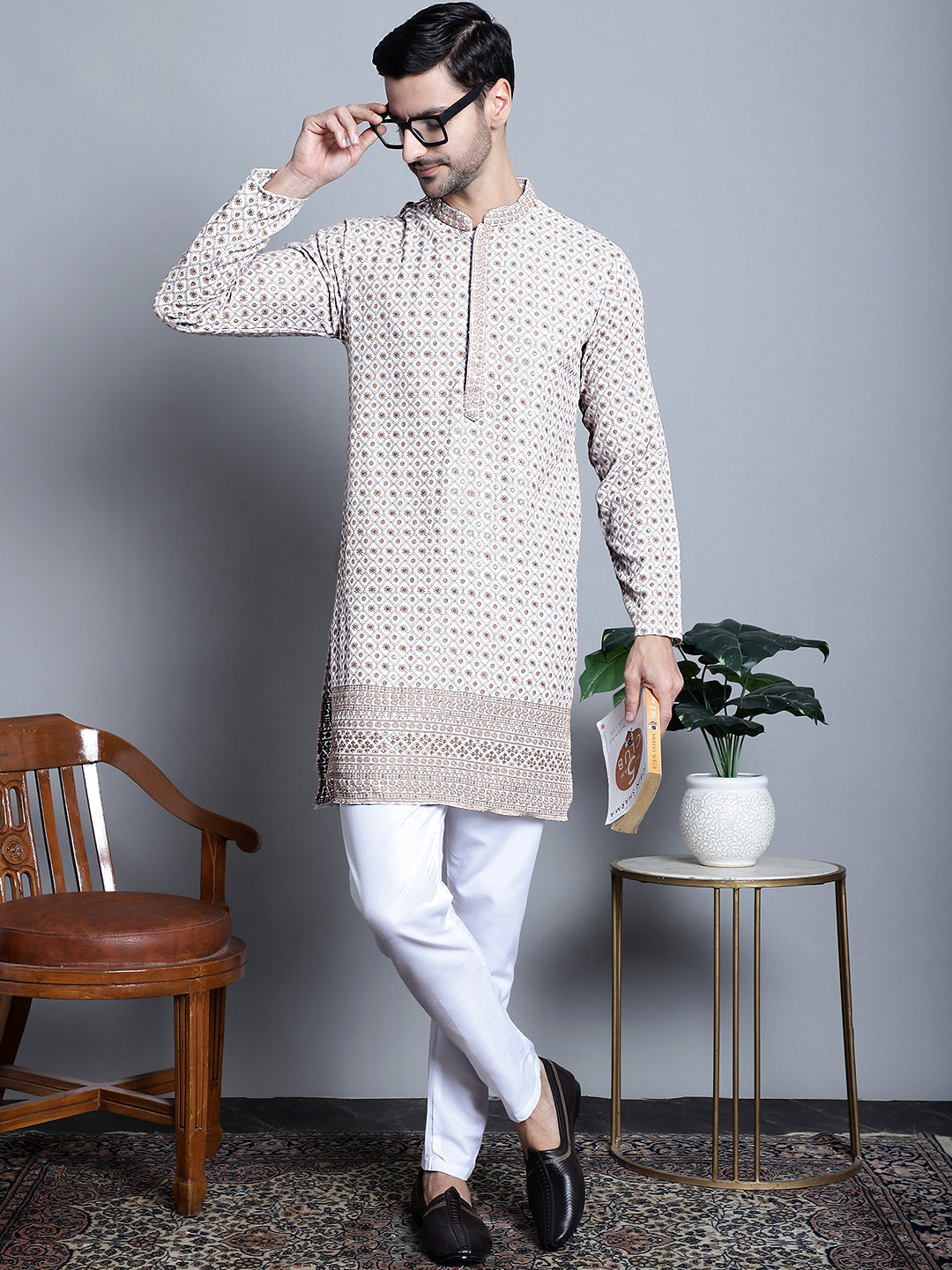 Jompers Men's Chikankari Embroidered Kurta Only - Beige