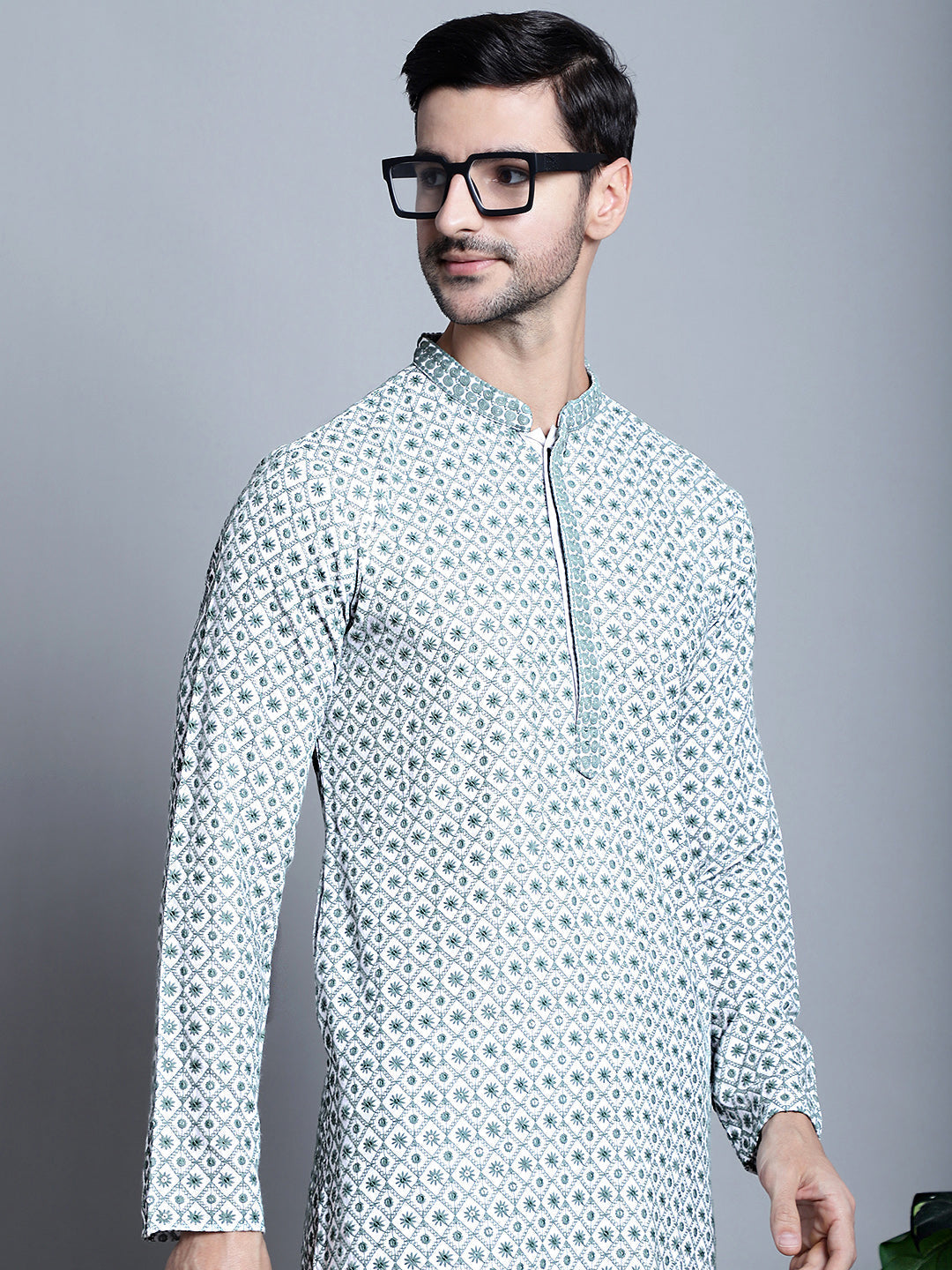 Jompers Men's Chikankari Embroidered Kurta Only - Blue