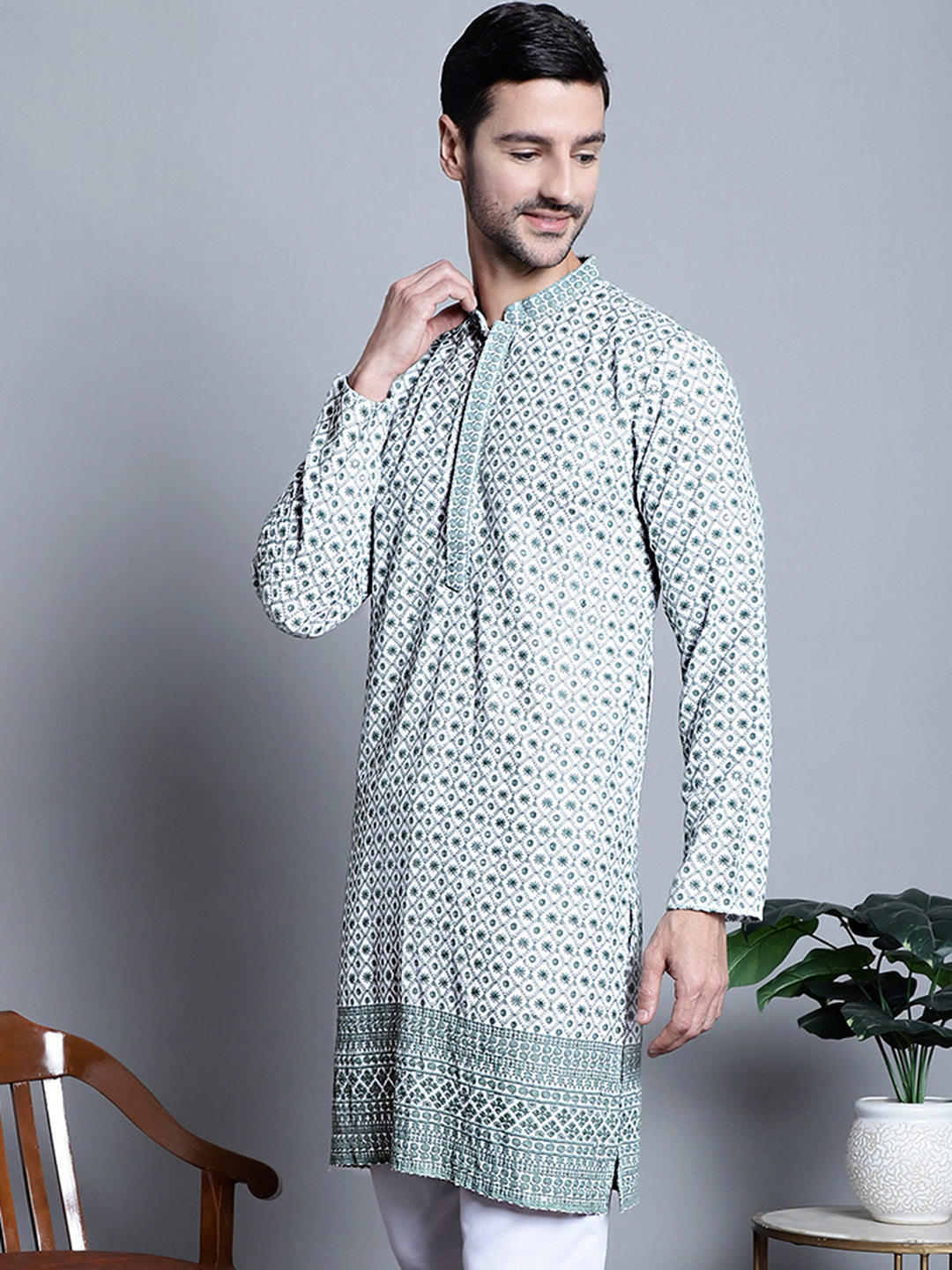 Jompers Men's Chikankari Embroidered Kurta Only - Blue