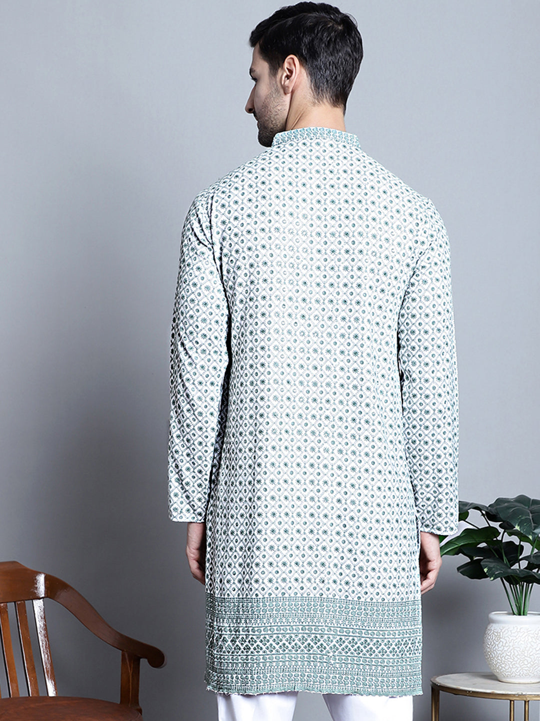 Jompers Men's Chikankari Embroidered Kurta Only - Blue