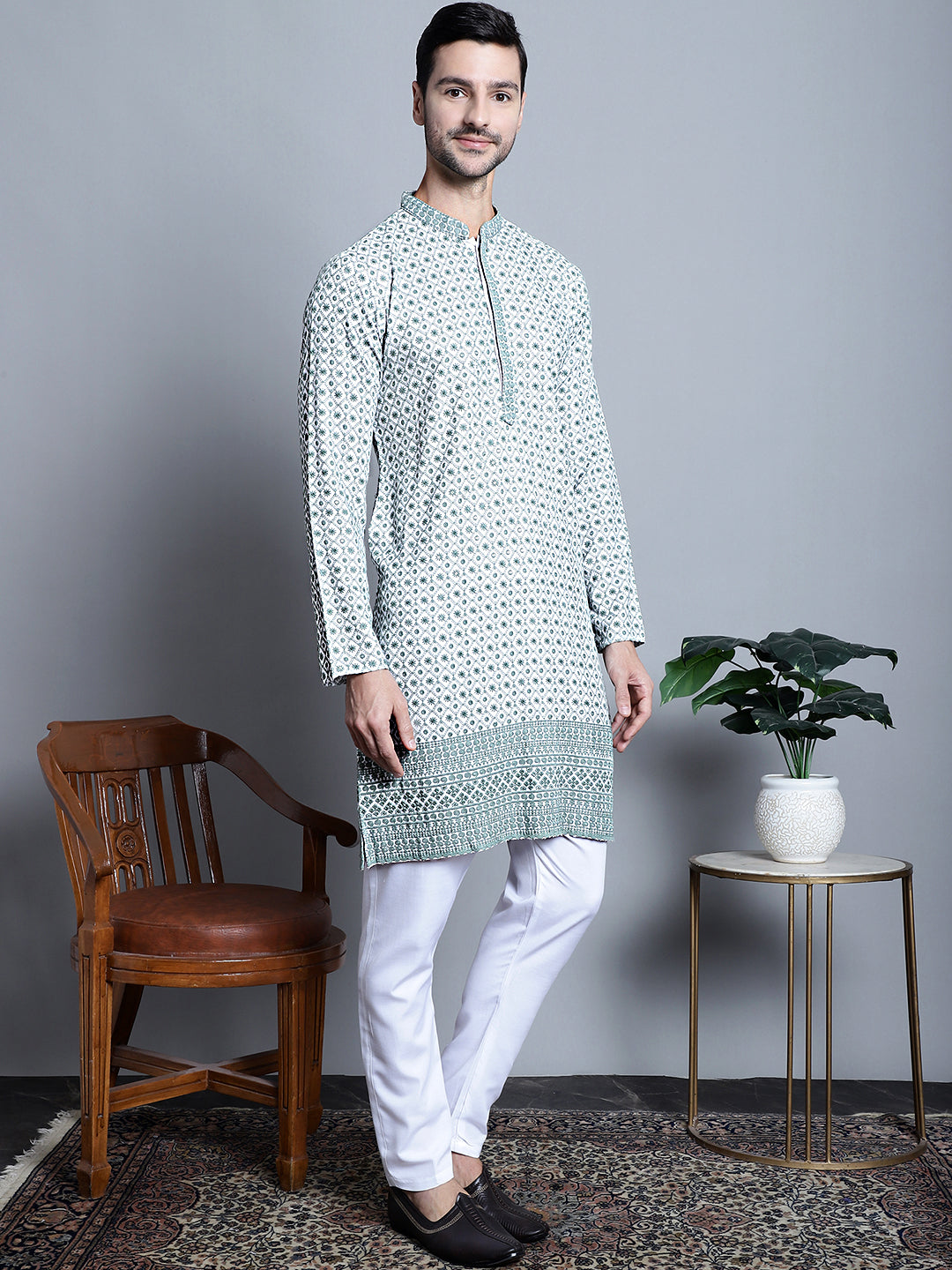 Jompers Men's Chikankari Embroidered Kurta Only - Blue