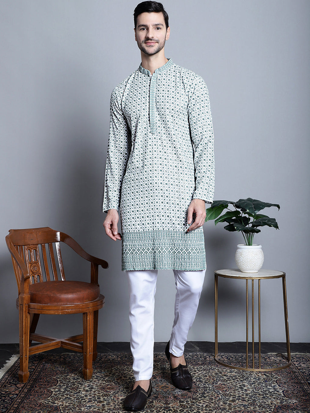 Jompers Men's Chikankari Embroidered Kurta Only - Blue