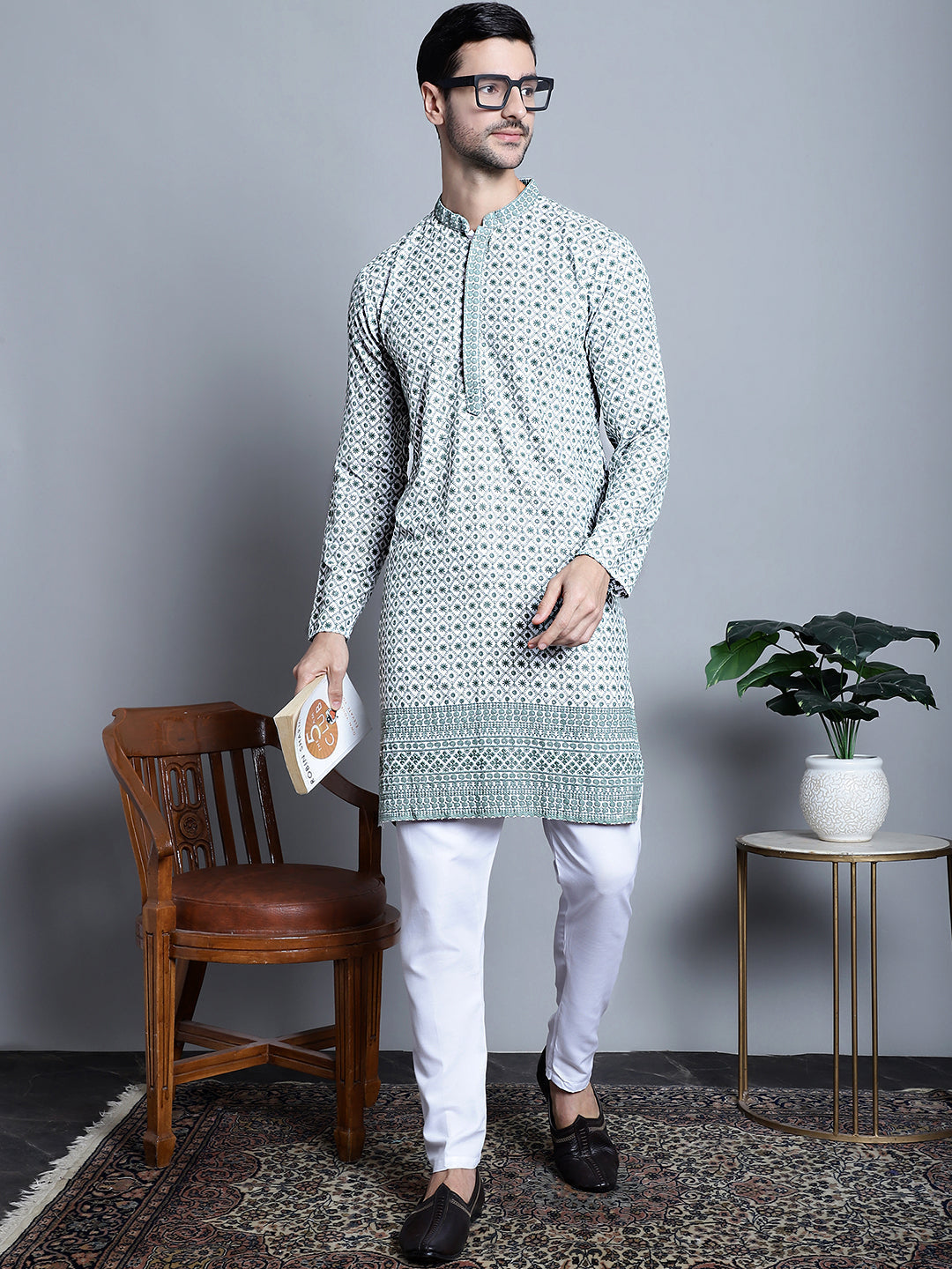 Jompers Men's Chikankari Embroidered Kurta Only - Blue