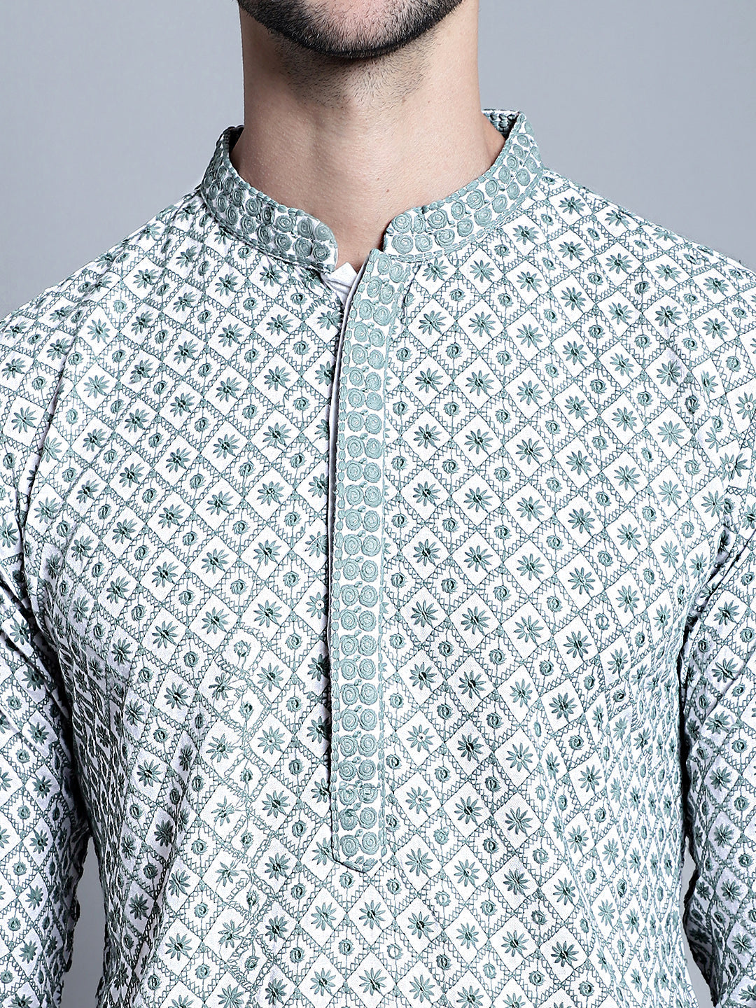 Jompers Men's Chikankari Embroidered Kurta Only - Blue