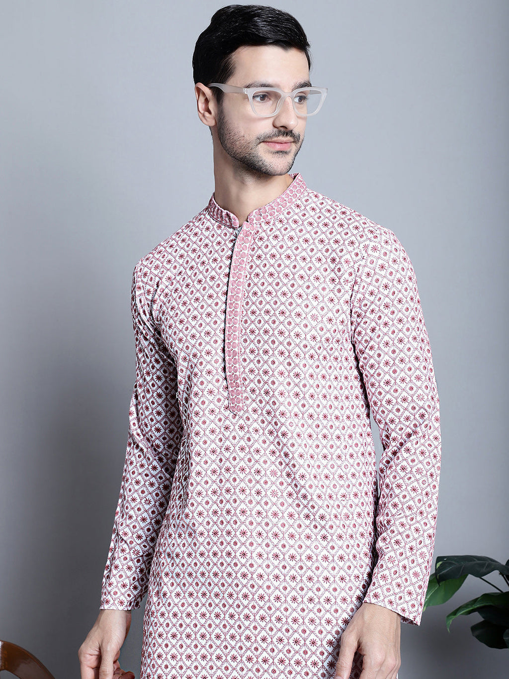 Jompers Men's Chikankari Embroidered Kurta Only - Pink