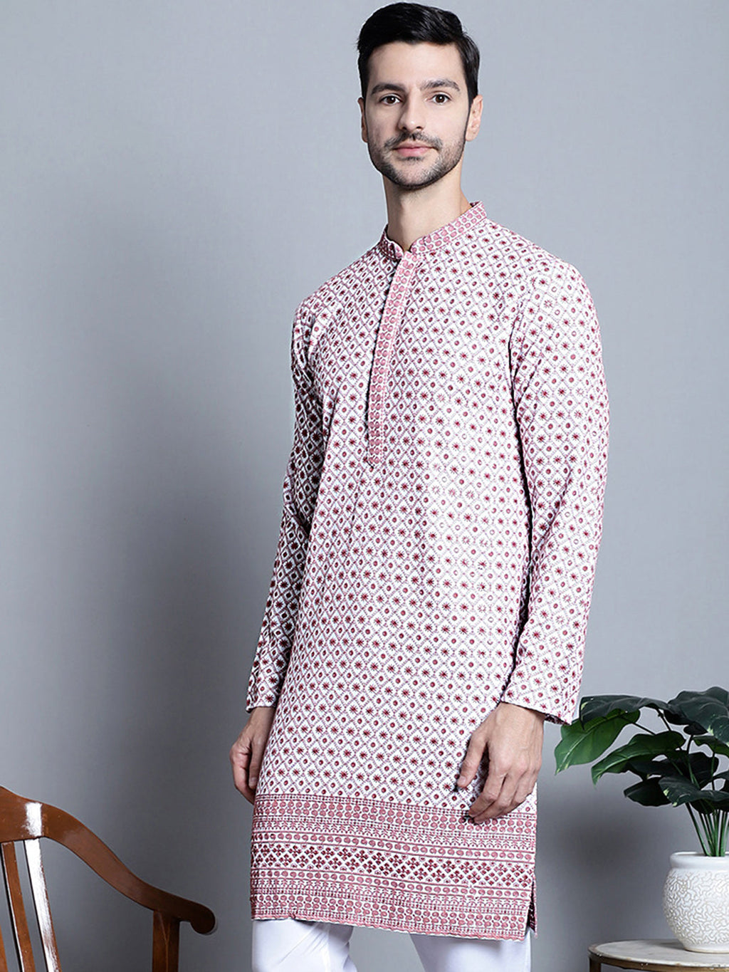 Jompers Men's Chikankari Embroidered Kurta Only - Pink