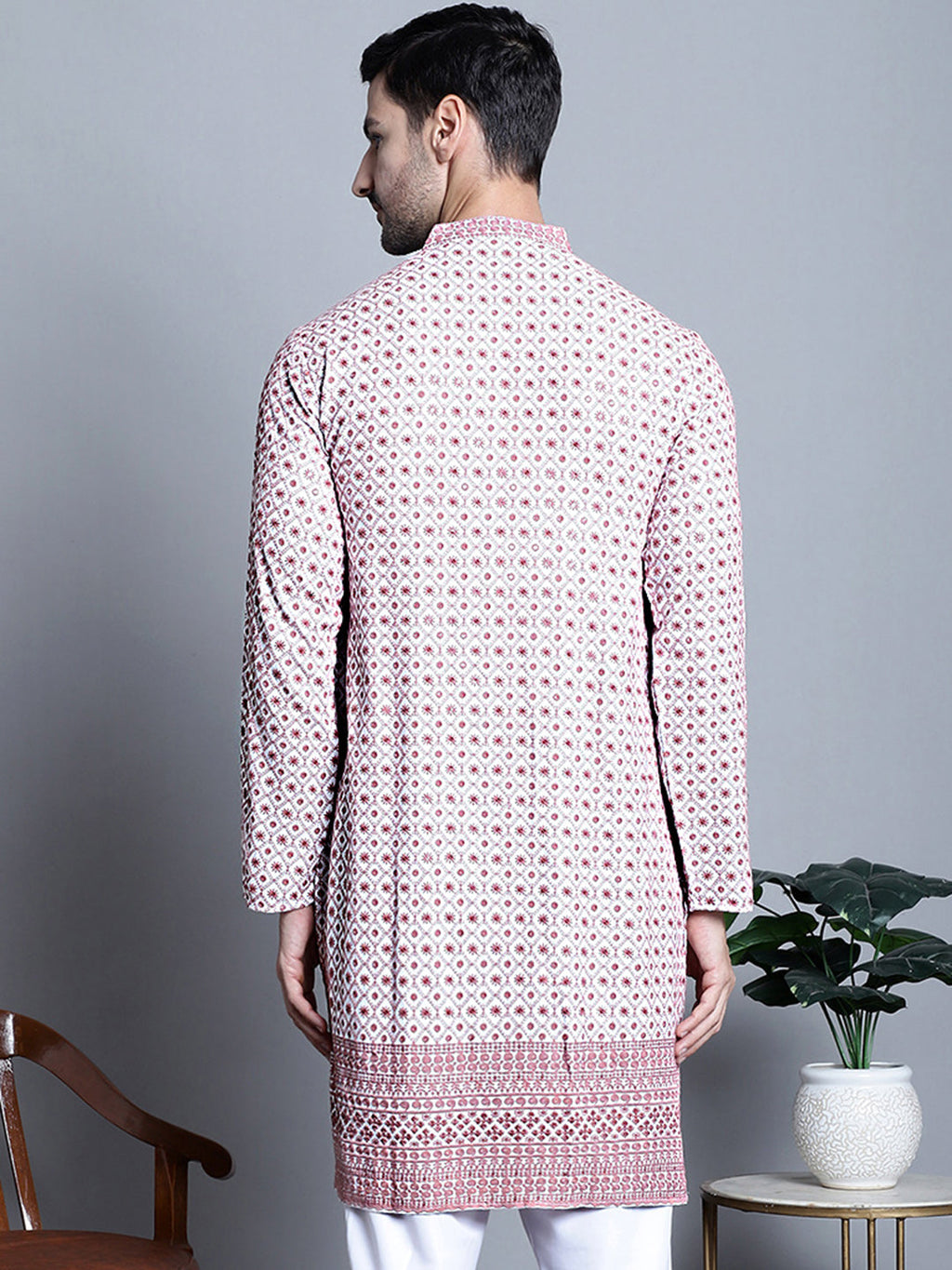 Jompers Men's Chikankari Embroidered Kurta Only - Pink