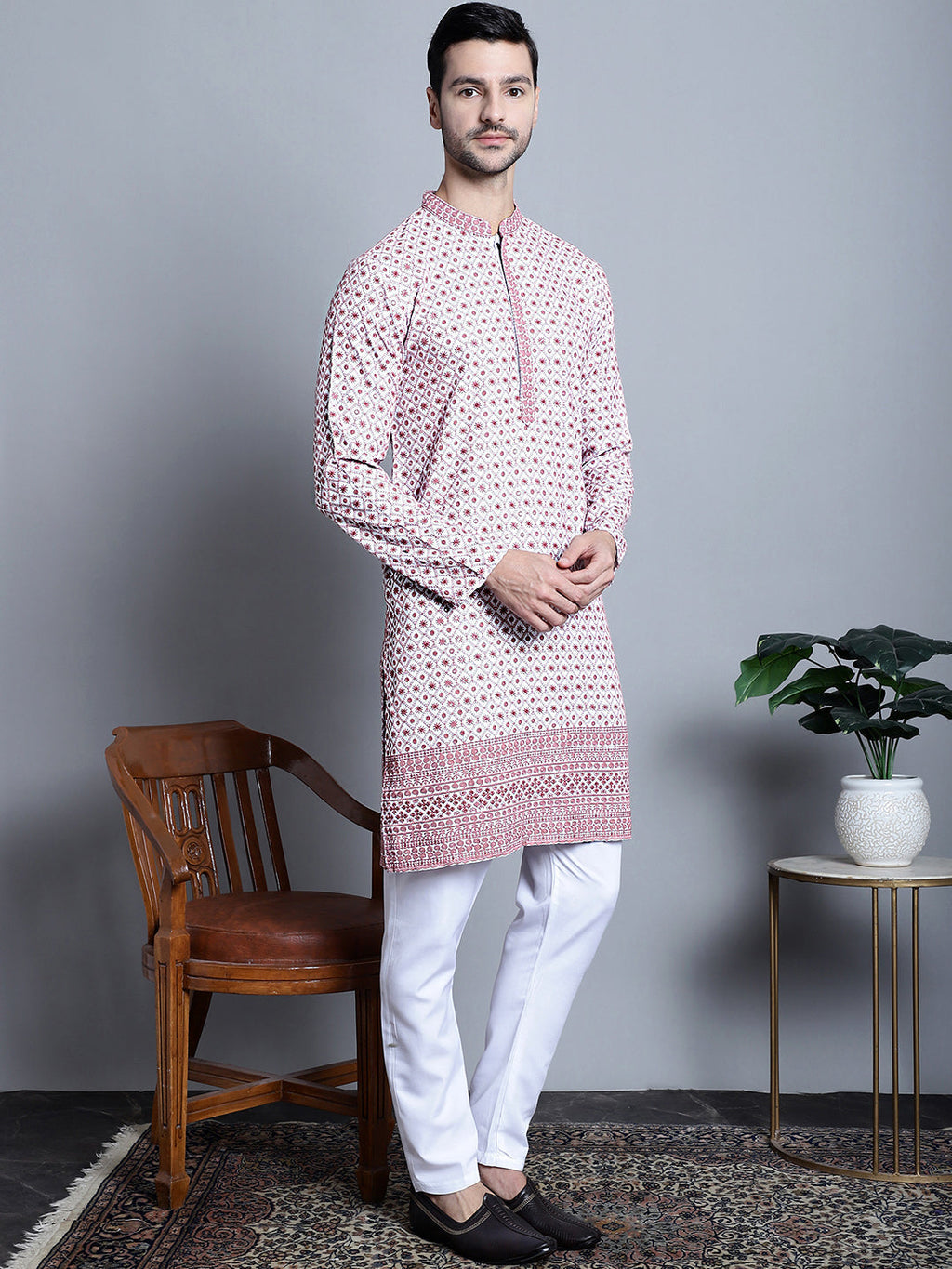 Jompers Men's Chikankari Embroidered Kurta Only - Pink