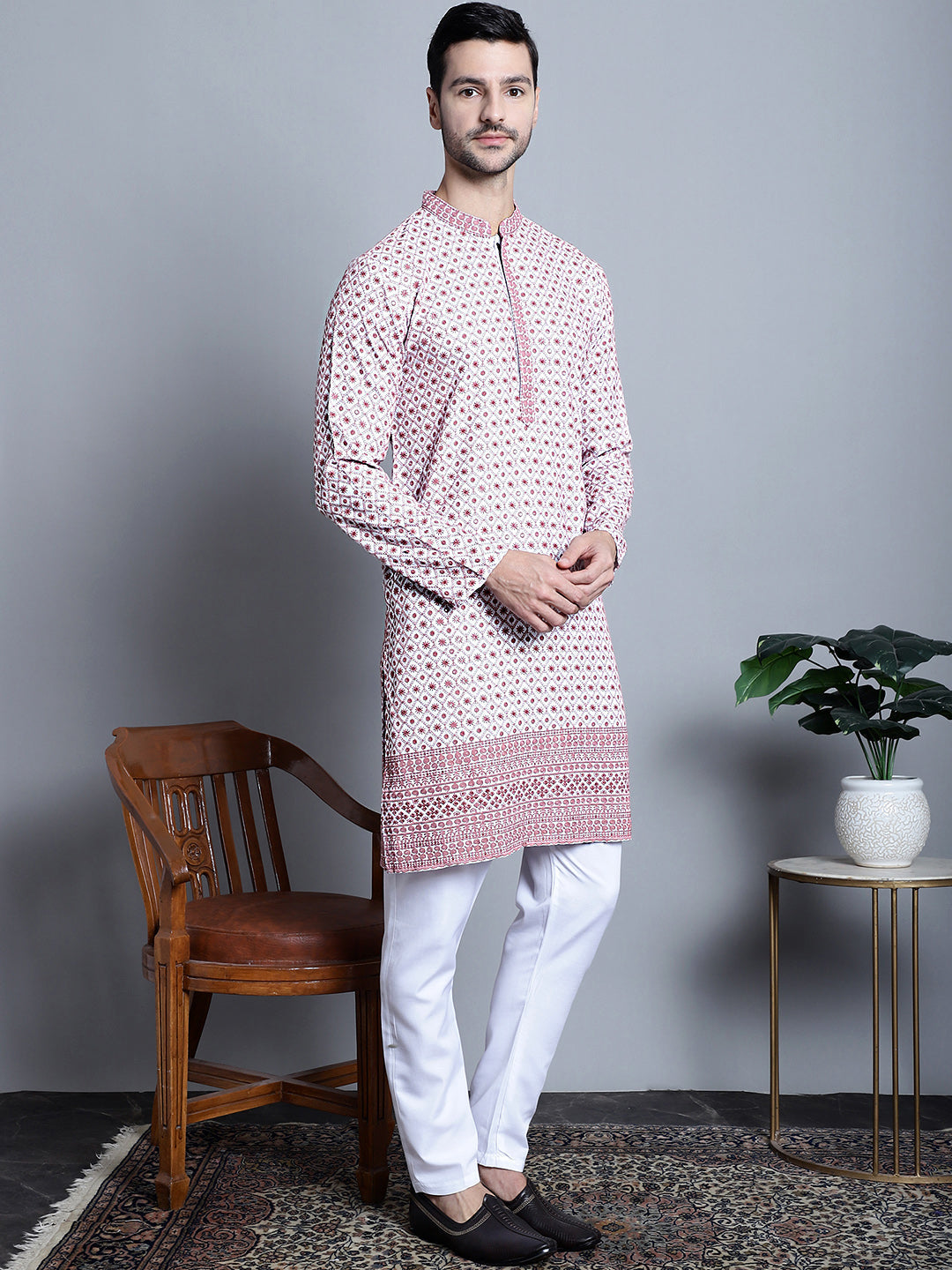 Jompers Men's Chikankari Embroidered Kurta Only - Pink