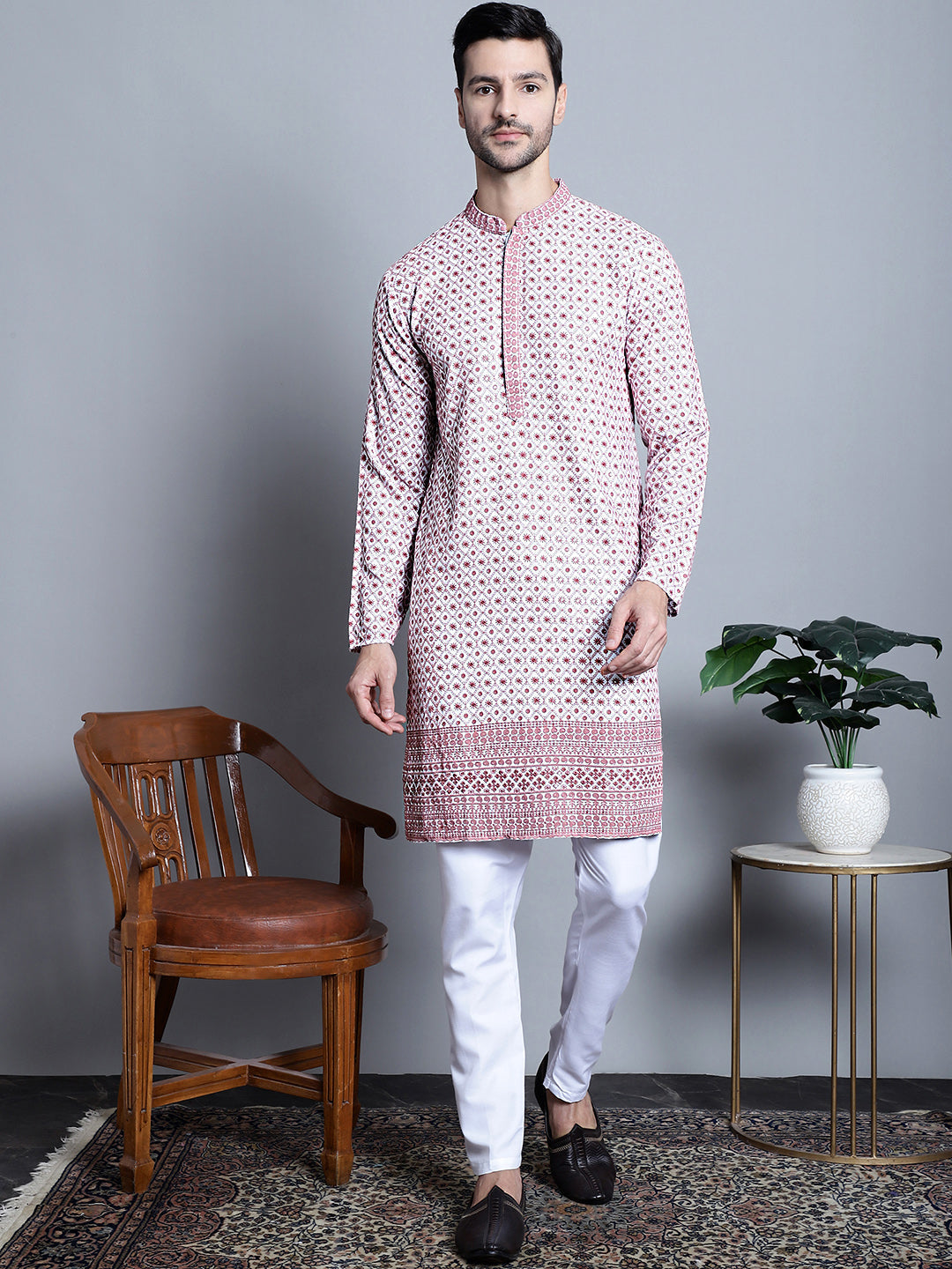 Jompers Men's Chikankari Embroidered Kurta Only - Pink