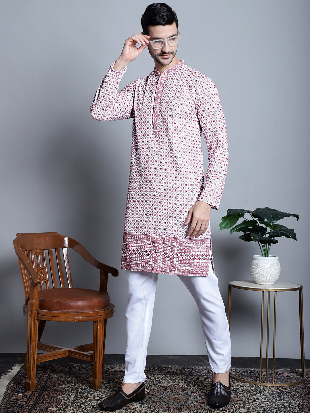 Jompers Men's Chikankari Embroidered Kurta Only - Pink