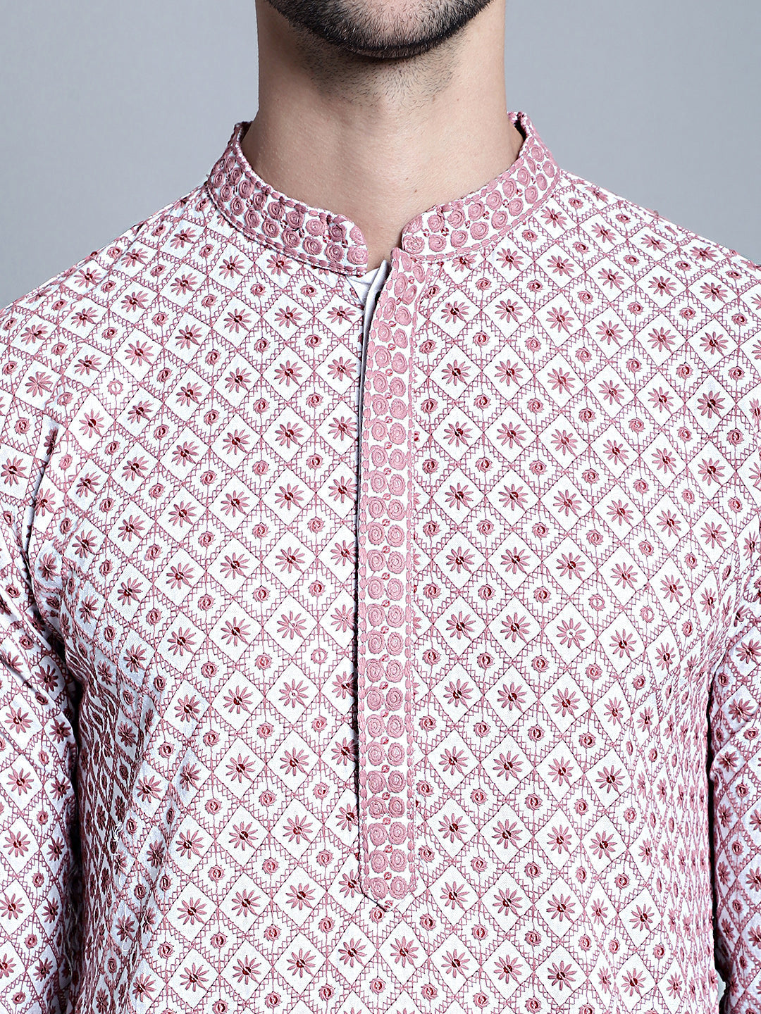 Jompers Men's Chikankari Embroidered Kurta Only - Pink