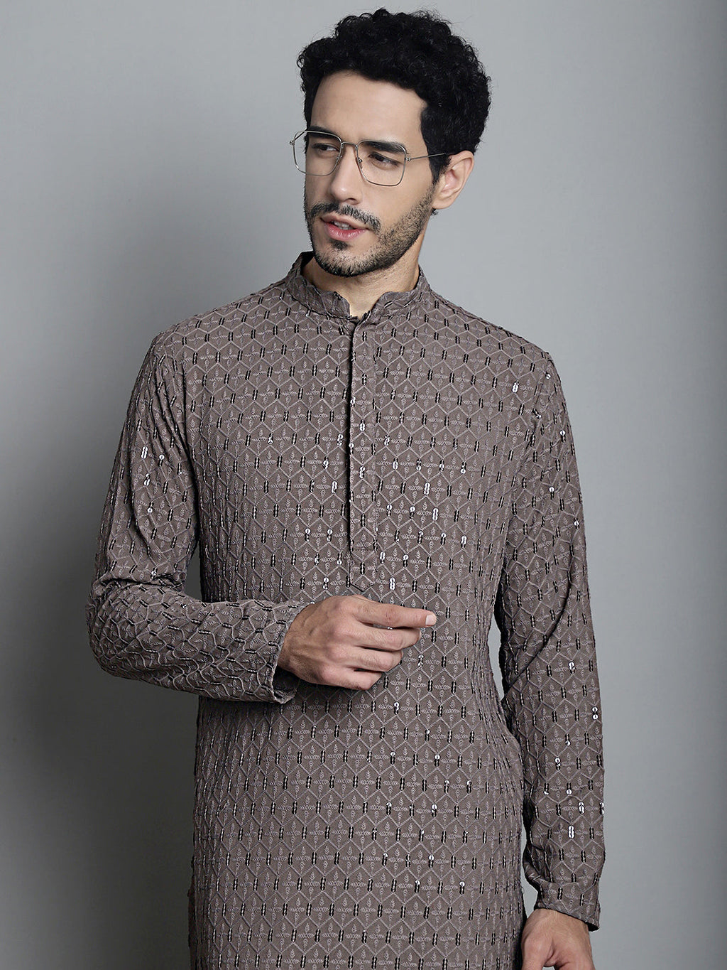 Jompers Men's Chikankari Embroidered and Sequence Kurta Only - Brown