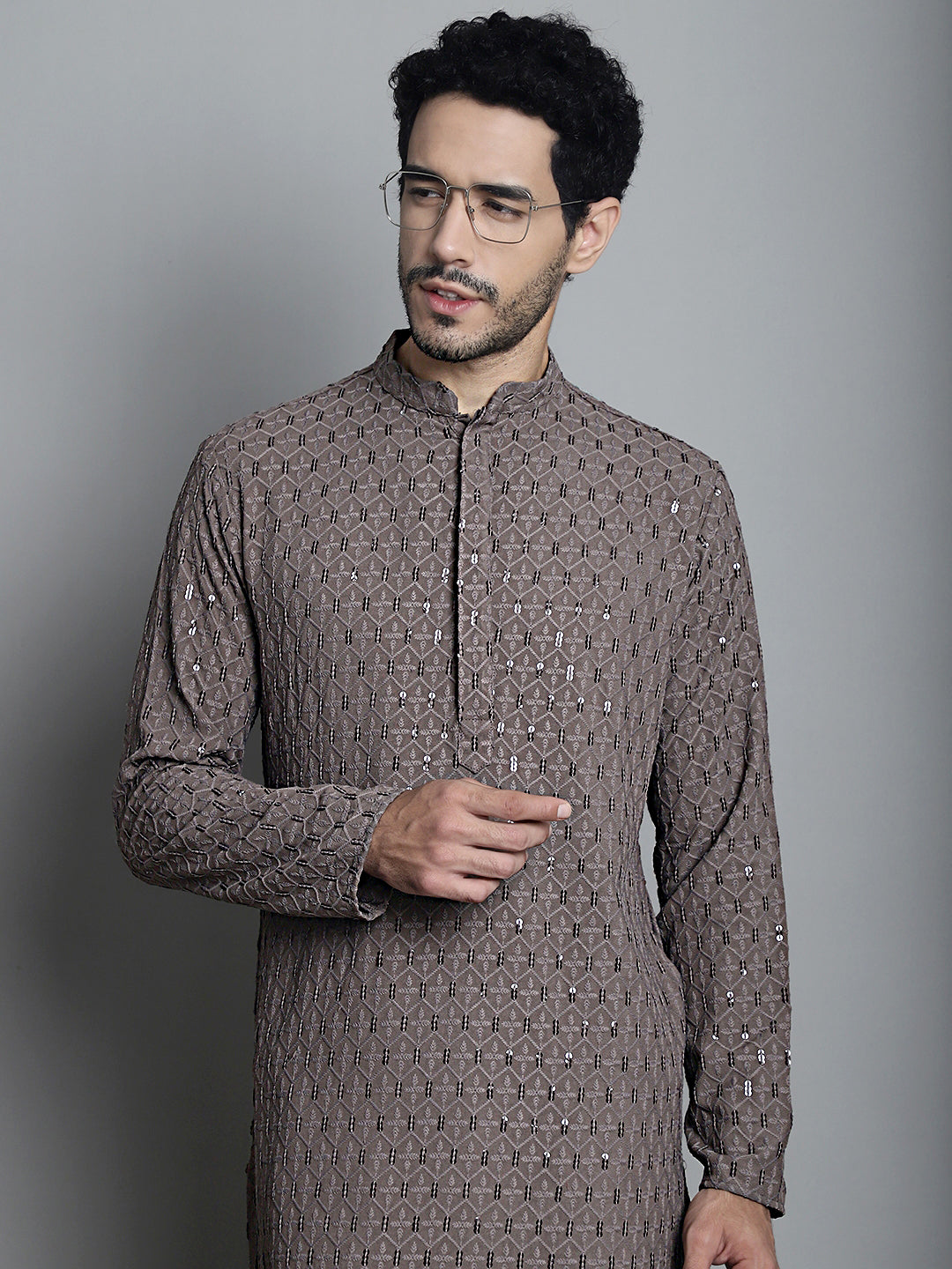 Jompers Men's Chikankari Embroidered and Sequence Kurta Only - Brown