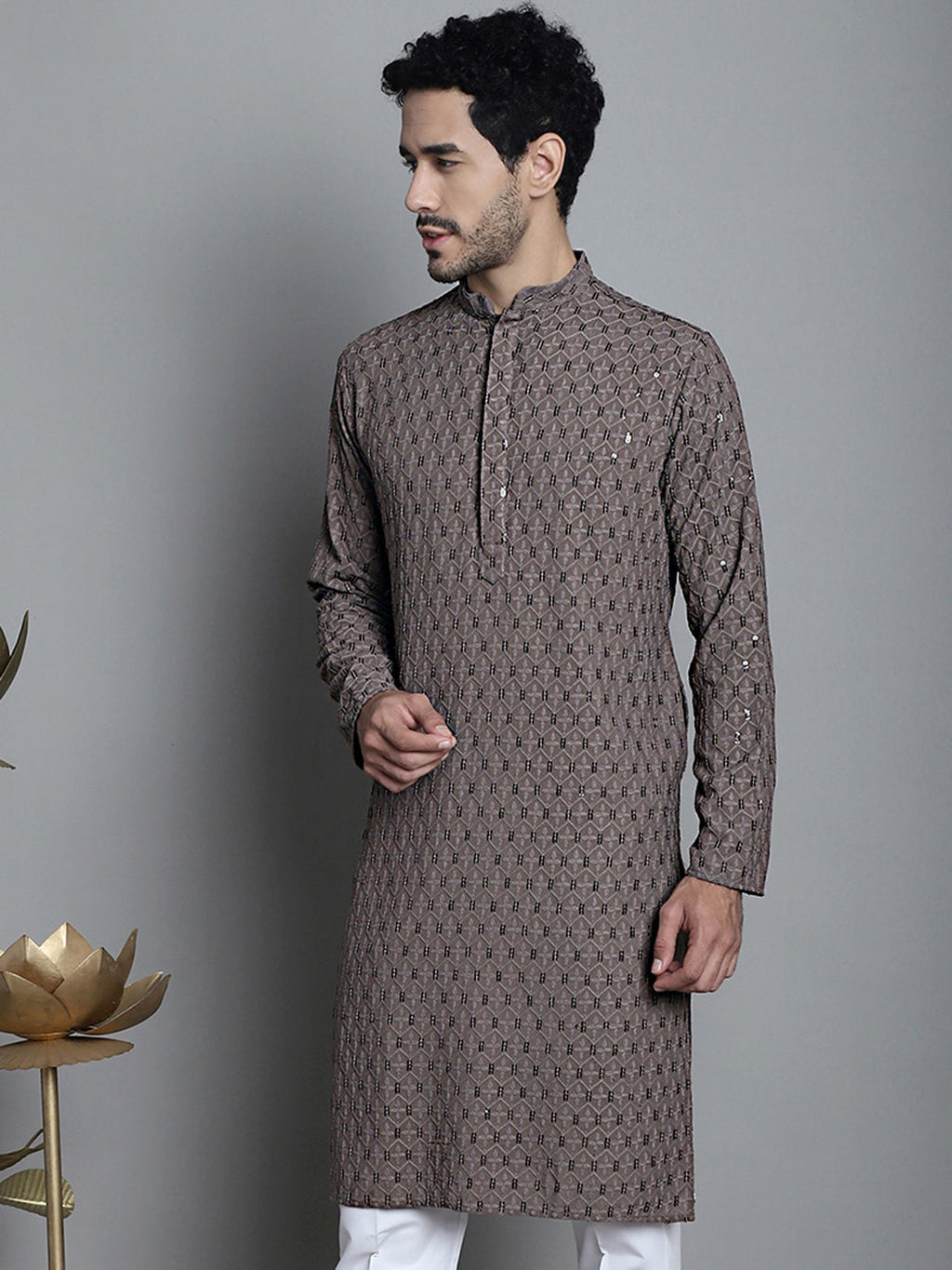 Jompers Men's Chikankari Embroidered and Sequence Kurta Only - Brown