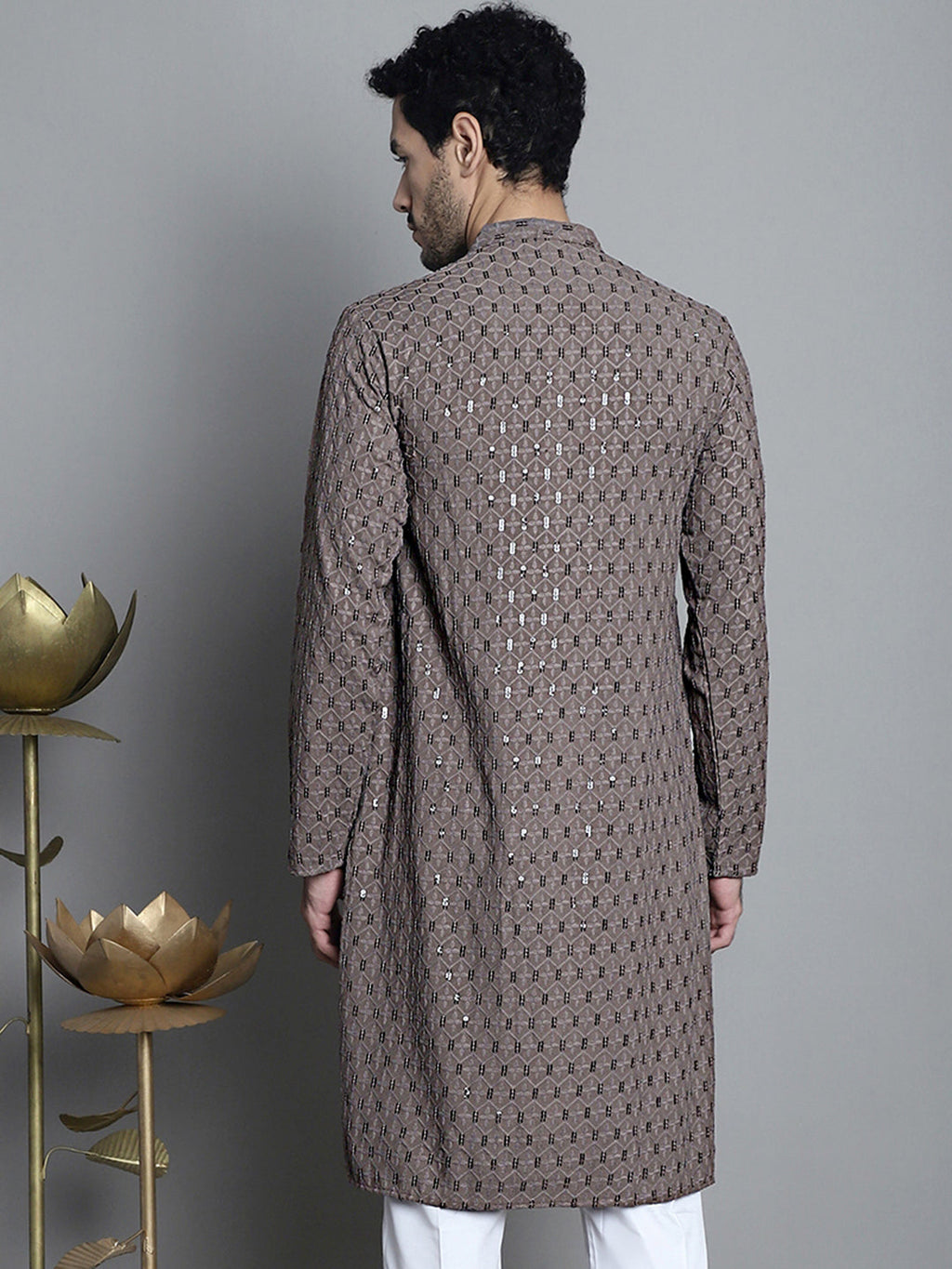 Jompers Men's Chikankari Embroidered and Sequence Kurta Only - Brown