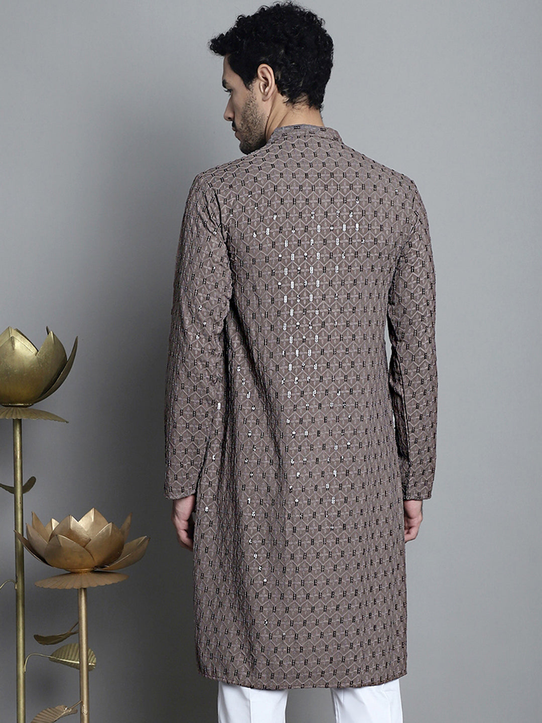 Jompers Men's Chikankari Embroidered and Sequence Kurta Only - Brown