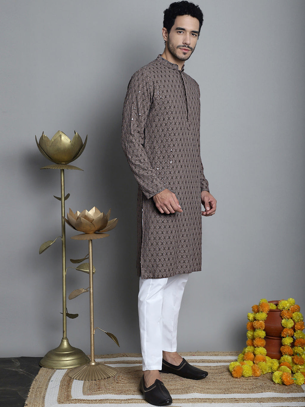 Jompers Men's Chikankari Embroidered and Sequence Kurta Only - Brown