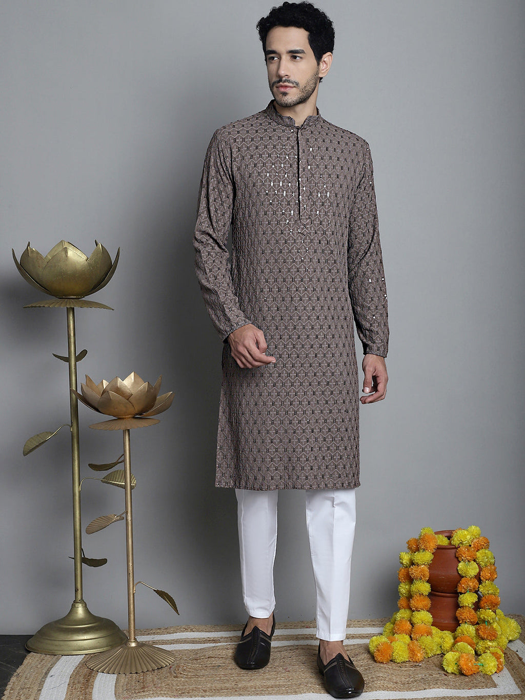 Jompers Men's Chikankari Embroidered and Sequence Kurta Only - Brown