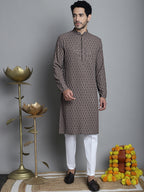 Jompers Men's Chikankari Embroidered and Sequence Kurta Only - Brown