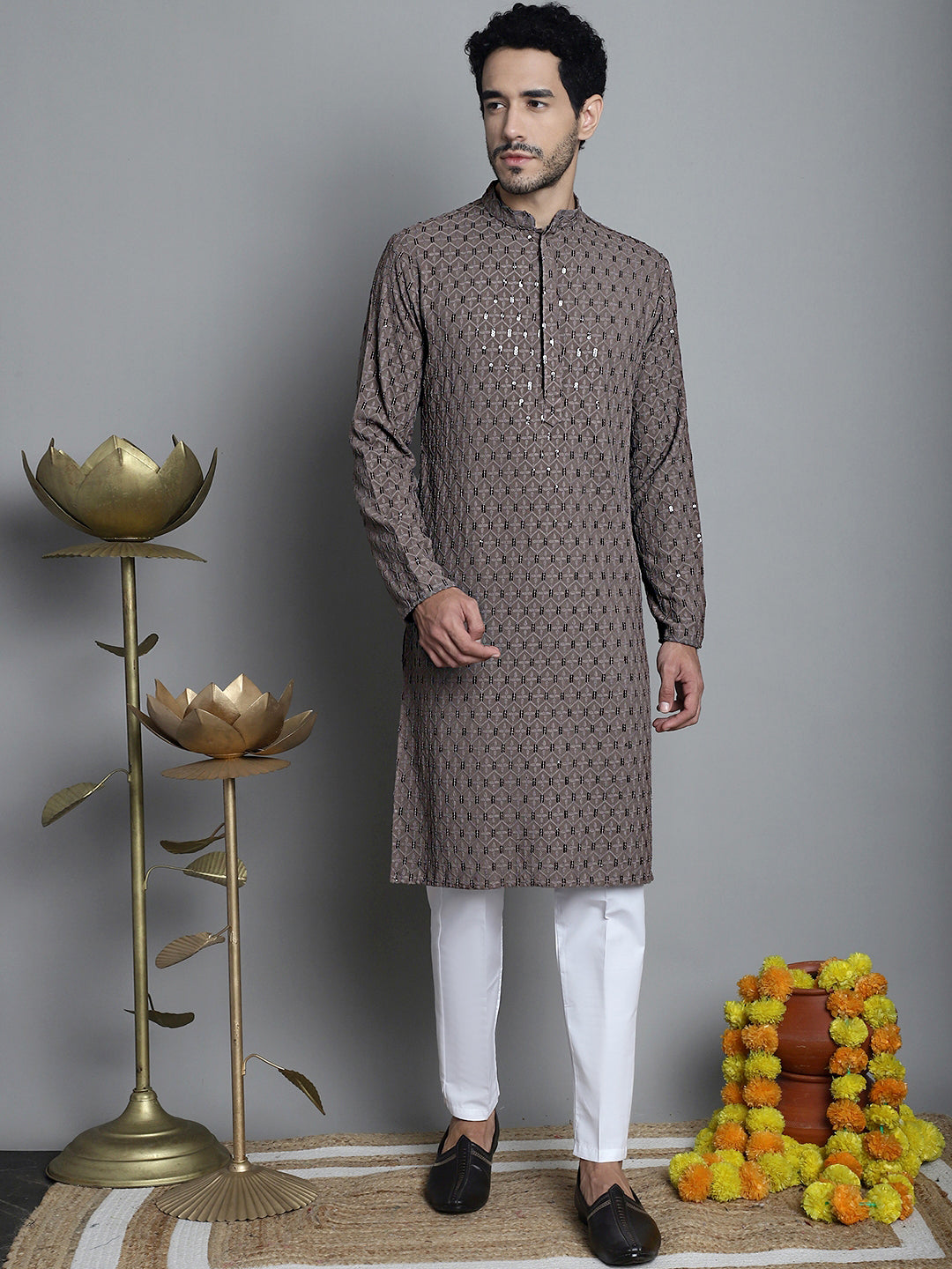 Jompers Men's Chikankari Embroidered and Sequence Kurta Only - Brown