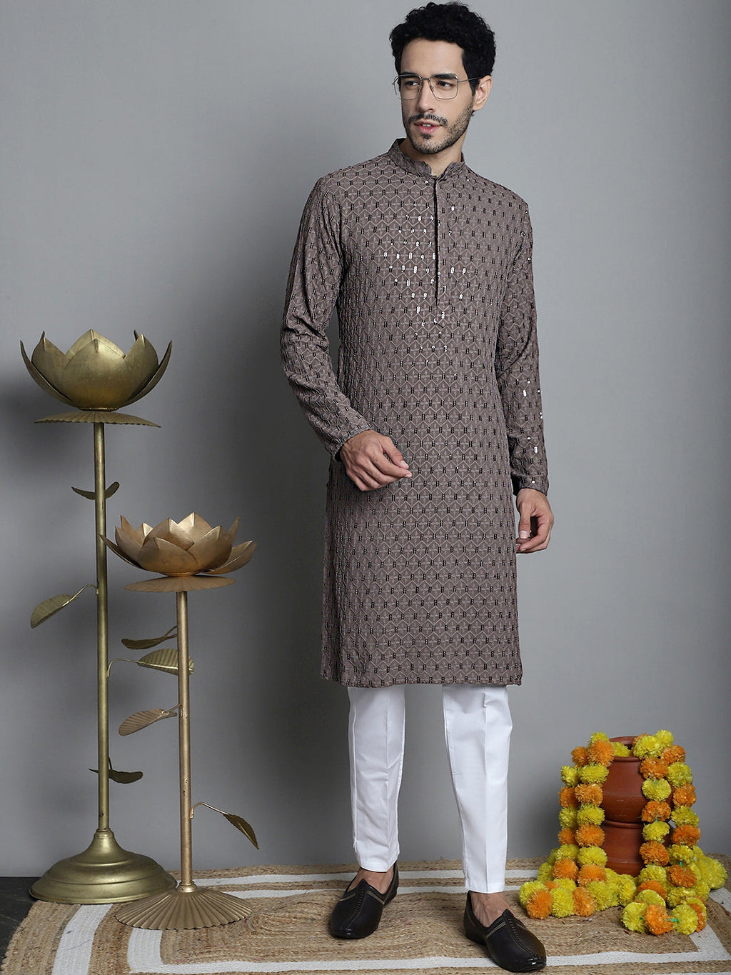 Jompers Men's Chikankari Embroidered and Sequence Kurta Only - Brown