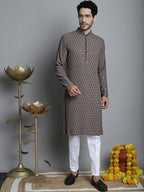 Jompers Men's Chikankari Embroidered and Sequence Kurta Only - Brown