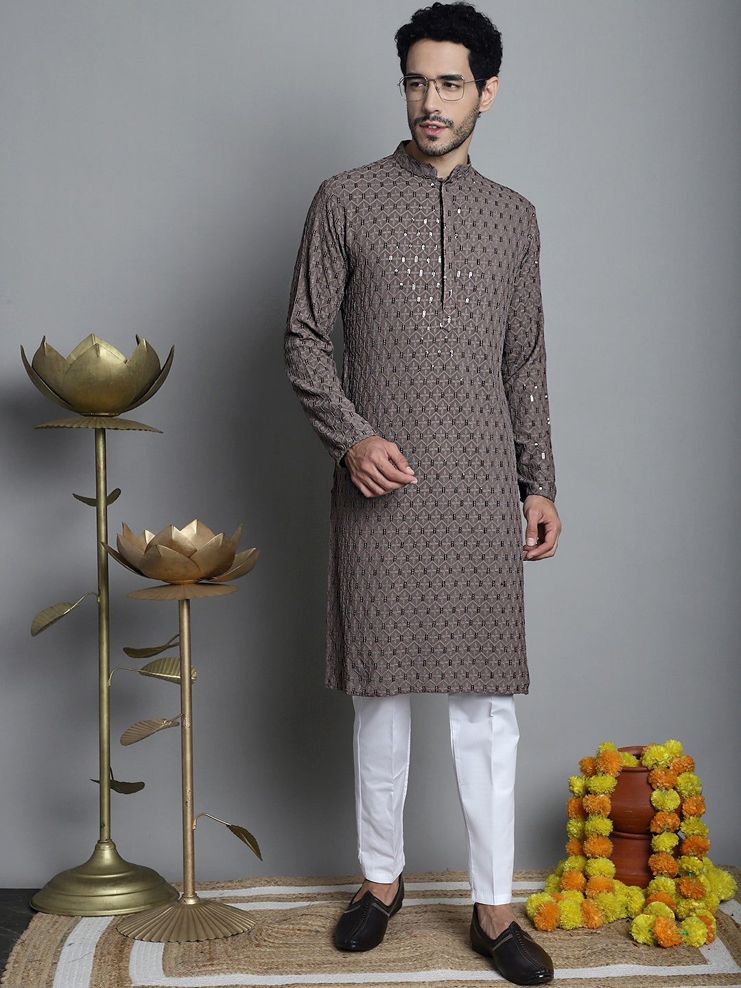 Jompers Men's Chikankari Embroidered and Sequence Kurta Only - Brown