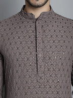 Jompers Men's Chikankari Embroidered and Sequence Kurta Only - Brown