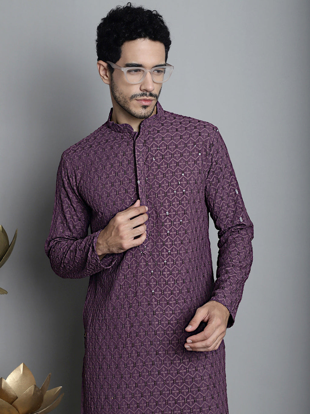 Jompers Men's Chikankari Embroidered and Sequence Kurta Only - Purple