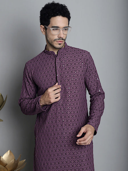 Jompers Men's Chikankari Embroidered and Sequence Kurta Only - Purple