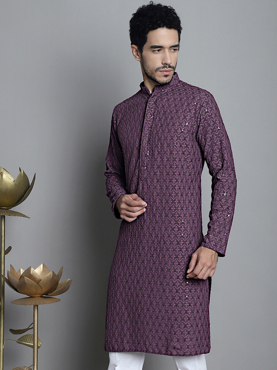 Jompers Men's Chikankari Embroidered and Sequence Kurta Only - Purple