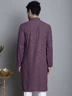 Jompers Men's Chikankari Embroidered and Sequence Kurta Only - Purple