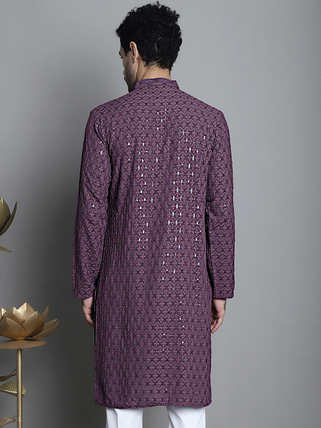 Jompers Men's Chikankari Embroidered and Sequence Kurta Only - Purple
