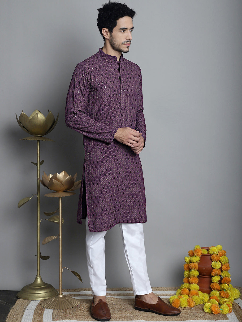 Jompers Men's Chikankari Embroidered and Sequence Kurta Only - Purple