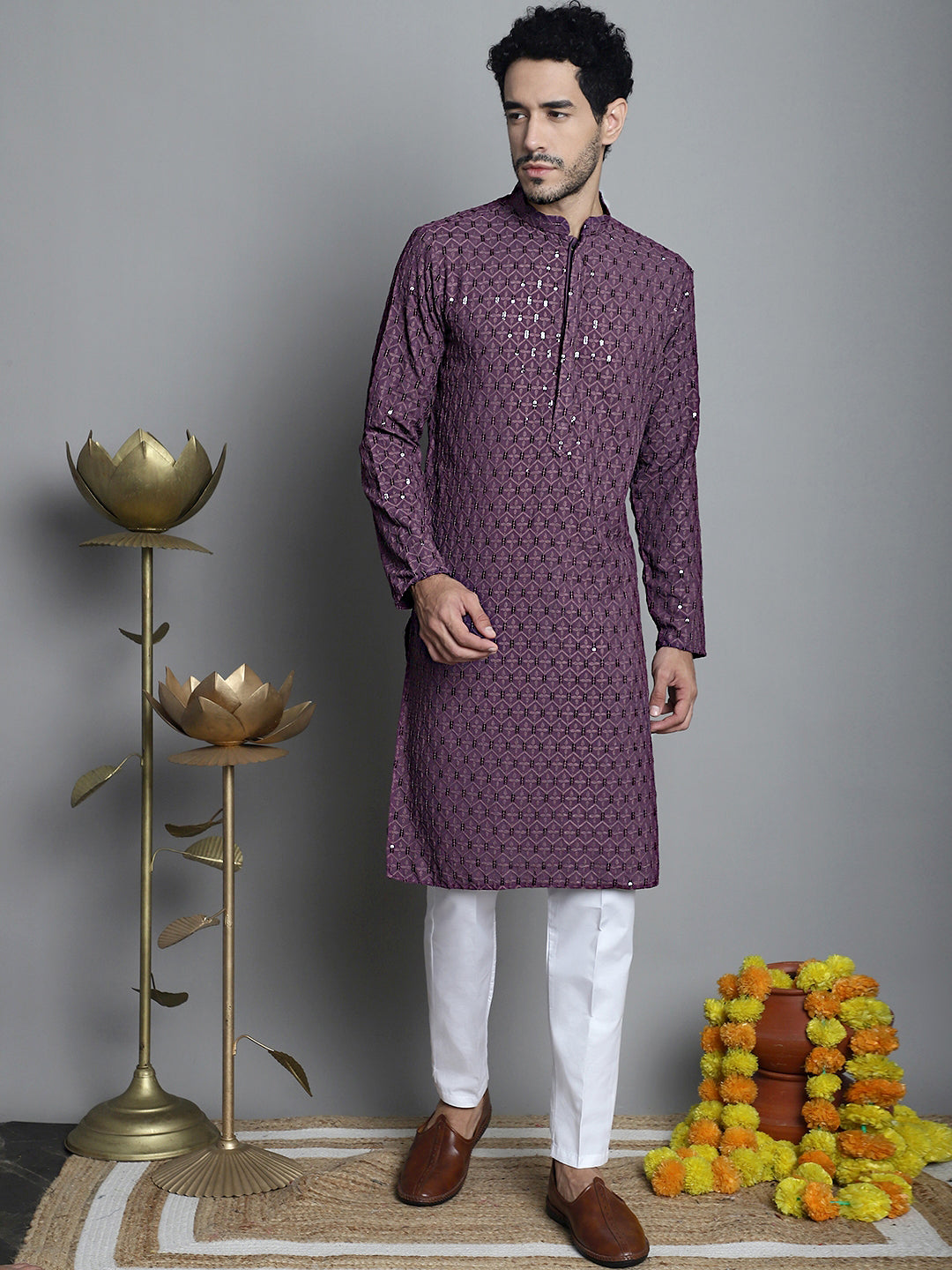 Jompers Men's Chikankari Embroidered and Sequence Kurta Only - Purple
