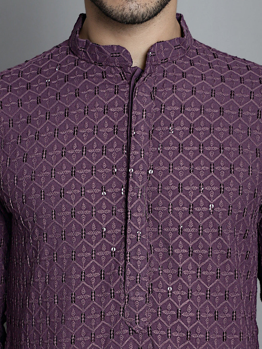 Jompers Men's Chikankari Embroidered and Sequence Kurta Only - Purple