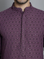 Jompers Men's Chikankari Embroidered and Sequence Kurta Only - Purple