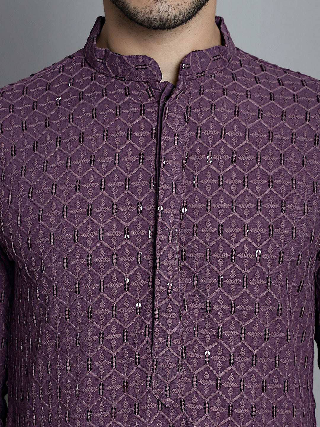 Jompers Men's Chikankari Embroidered and Sequence Kurta Only - Purple