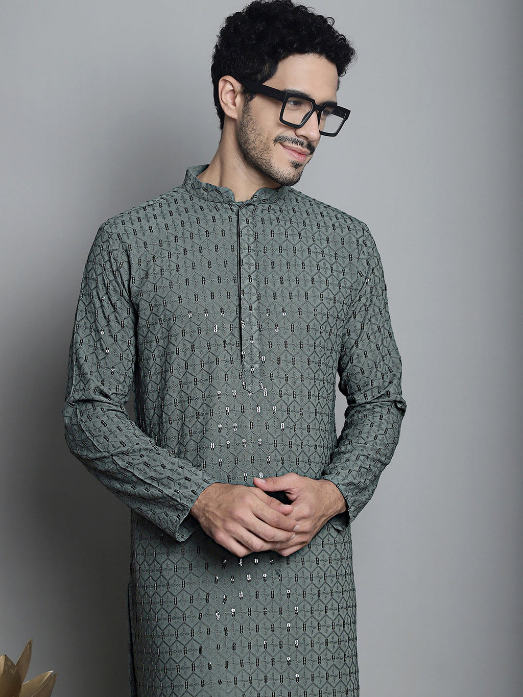 Jompers Men's Chikankari Embroidered and Sequence Kurta Only - Sea-Green