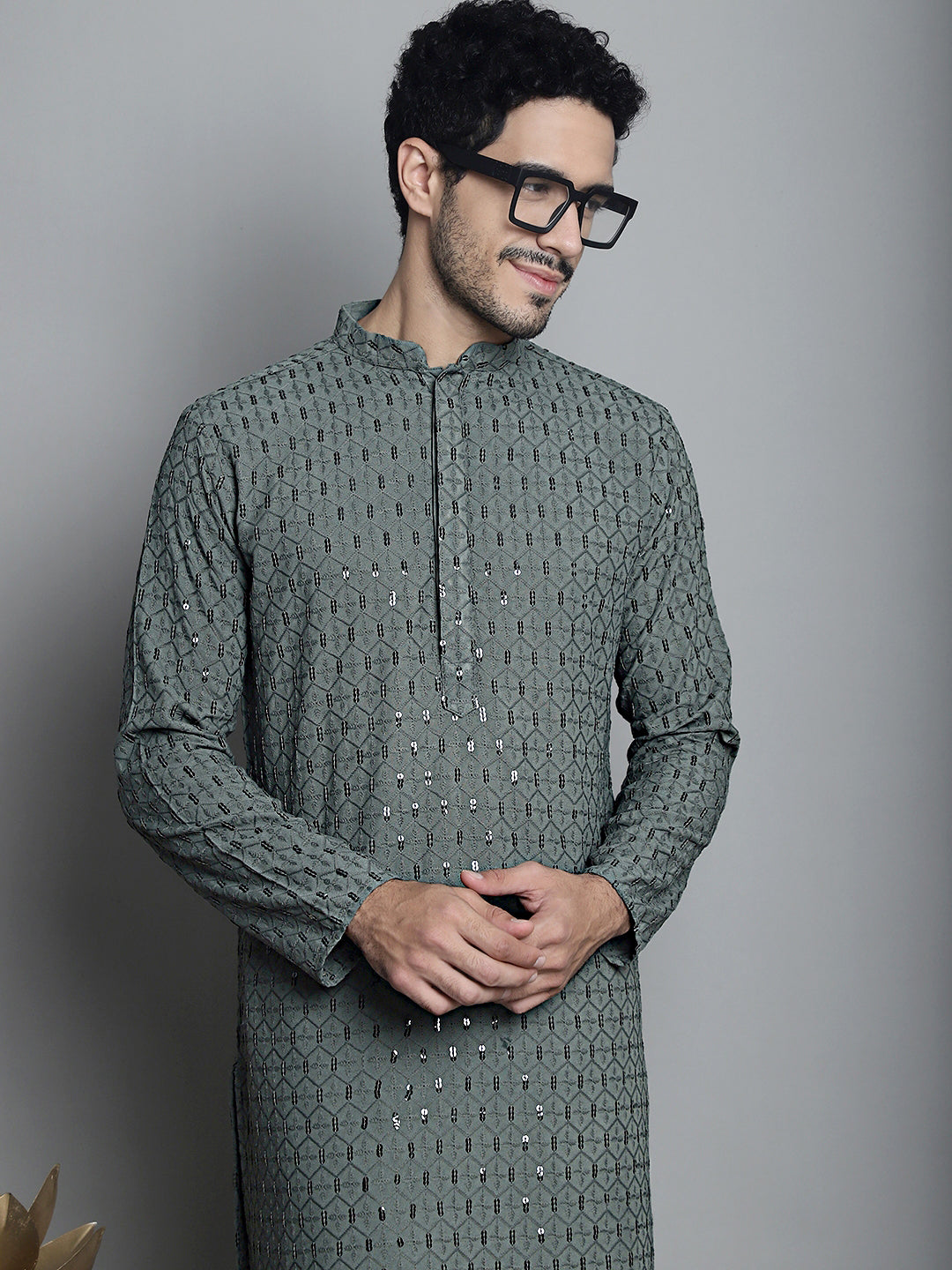 Jompers Men's Chikankari Embroidered and Sequence Kurta Only - Sea-Green