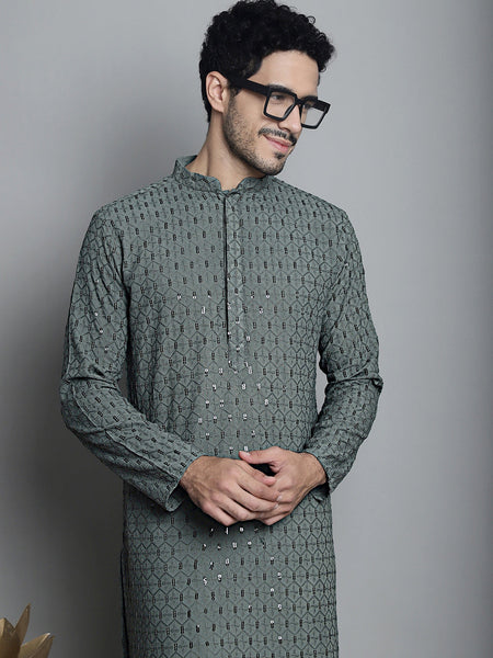 Jompers Men's Chikankari Embroidered and Sequence Kurta Only - Sea-Green