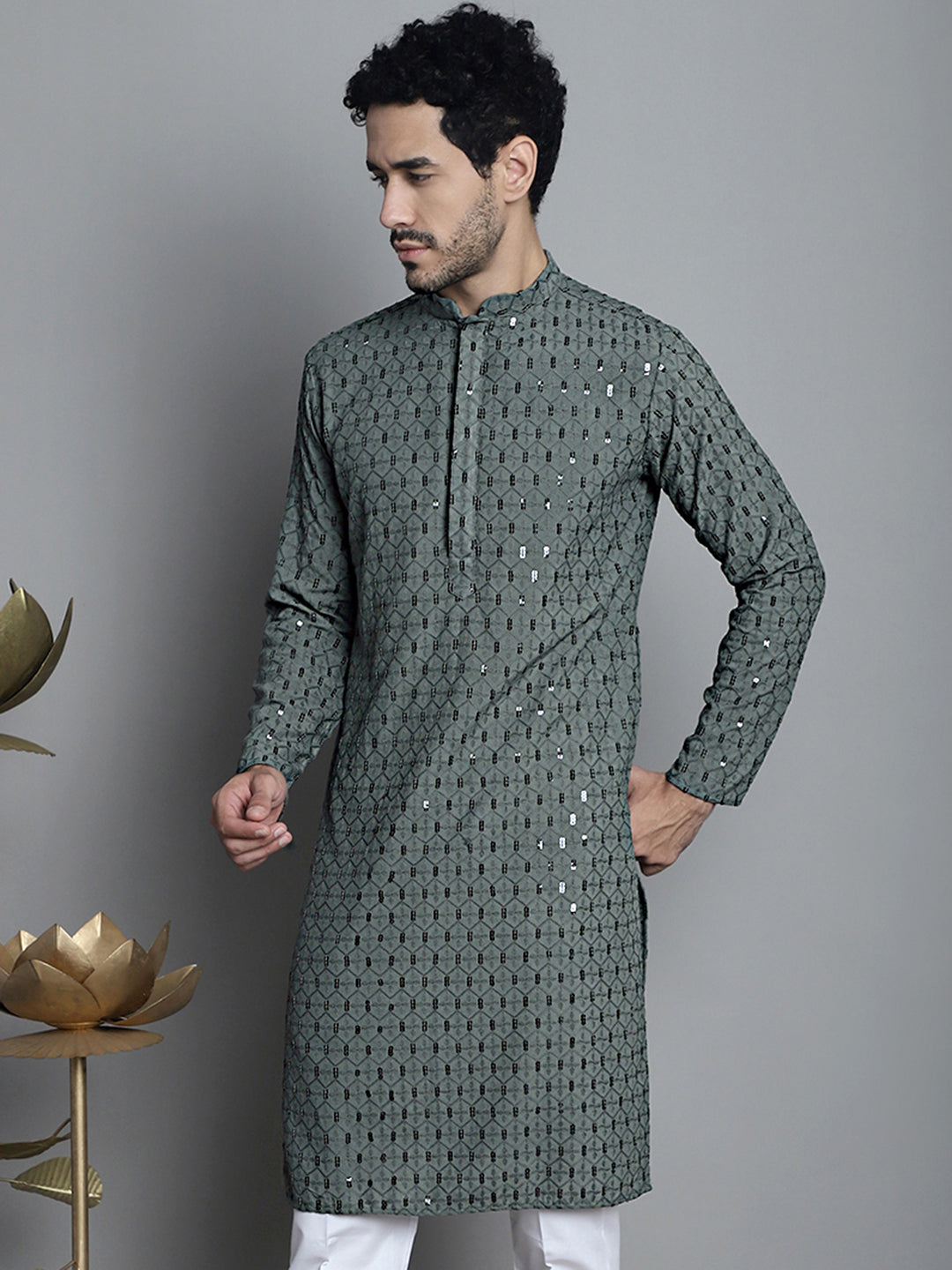 Jompers Men's Chikankari Embroidered and Sequence Kurta Only - Sea-Green