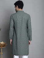 Jompers Men's Chikankari Embroidered and Sequence Kurta Only - Sea-Green