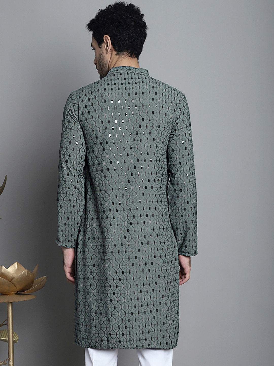 Jompers Men's Chikankari Embroidered and Sequence Kurta Only - Sea-Green