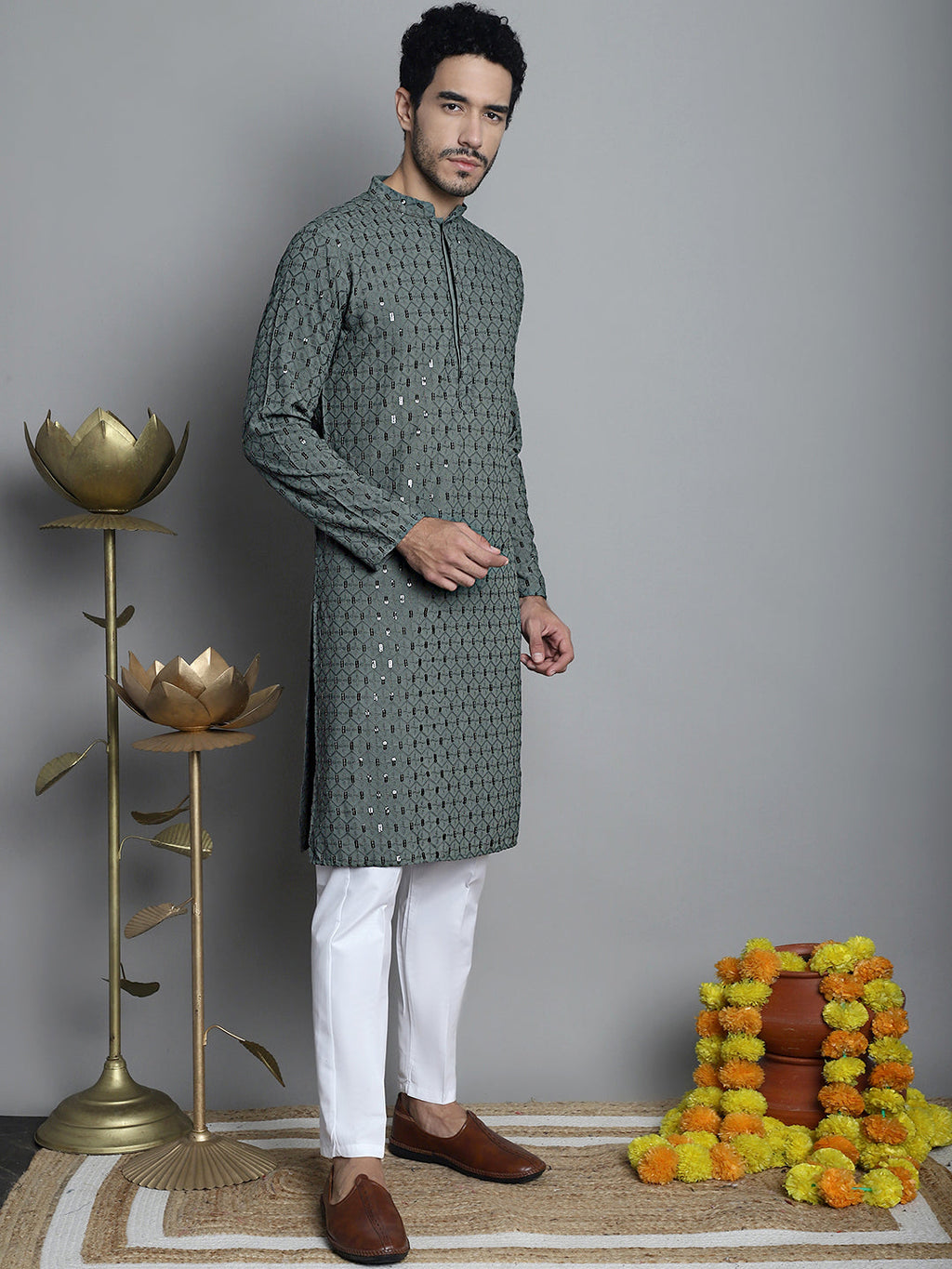 Jompers Men's Chikankari Embroidered and Sequence Kurta Only - Sea-Green